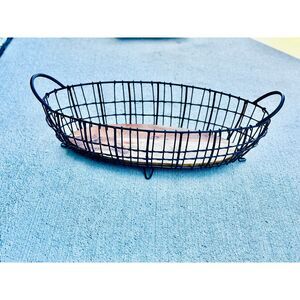 Rustic Oval Wire Basket with Wood Base Serving and Decorative Tray, 22.5" x 9.5"
